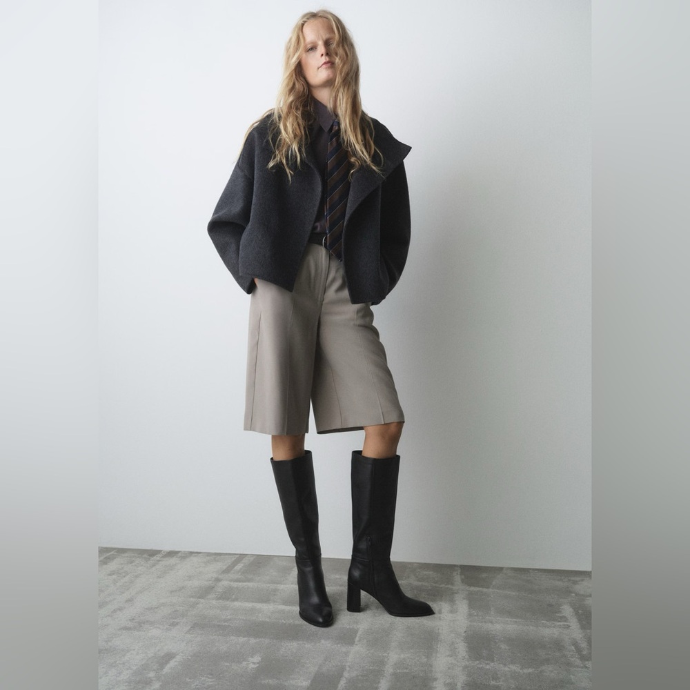 Genuine Leather High Boot w. Stacked Heel in Black by MANGO-NWT